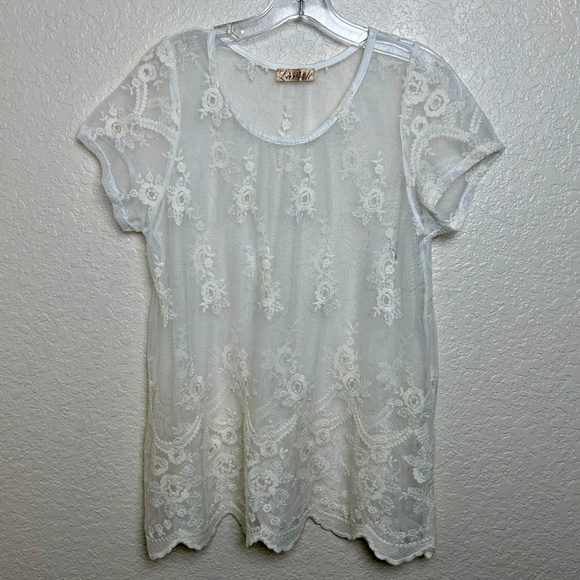Lavish Tops - Lavish Ivory Lace Short Sleeve Scoop Neck Overlay Women's Top - Women's Medium